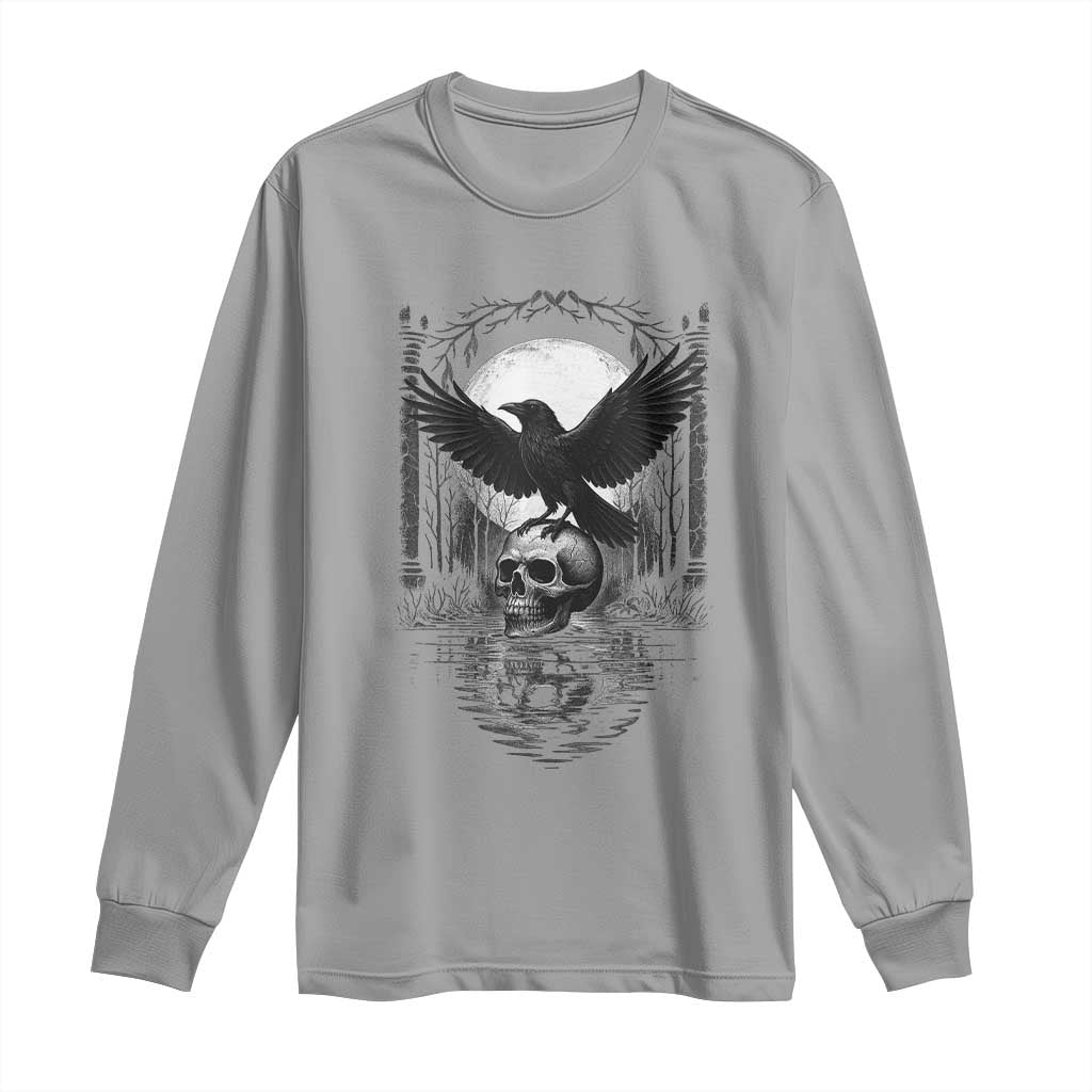 Gothic Raven On Skull With Full Moon Long Sleeve Shirt TS12 Sport Gray Print Your Wear