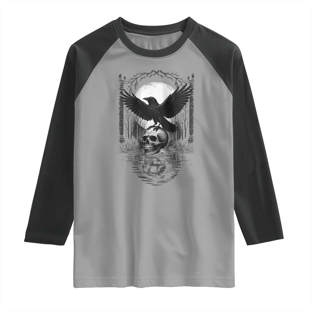 Gothic Raven On Skull With Full Moon Raglan Shirt TS12 Sport Gray Black Print Your Wear