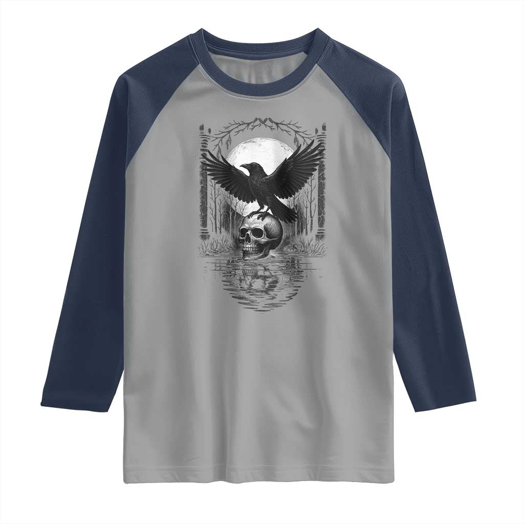 Gothic Raven On Skull With Full Moon Raglan Shirt TS12 Sport Gray Navy Print Your Wear