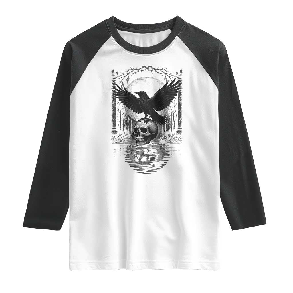 Gothic Raven On Skull With Full Moon Raglan Shirt TS12 White Black Print Your Wear
