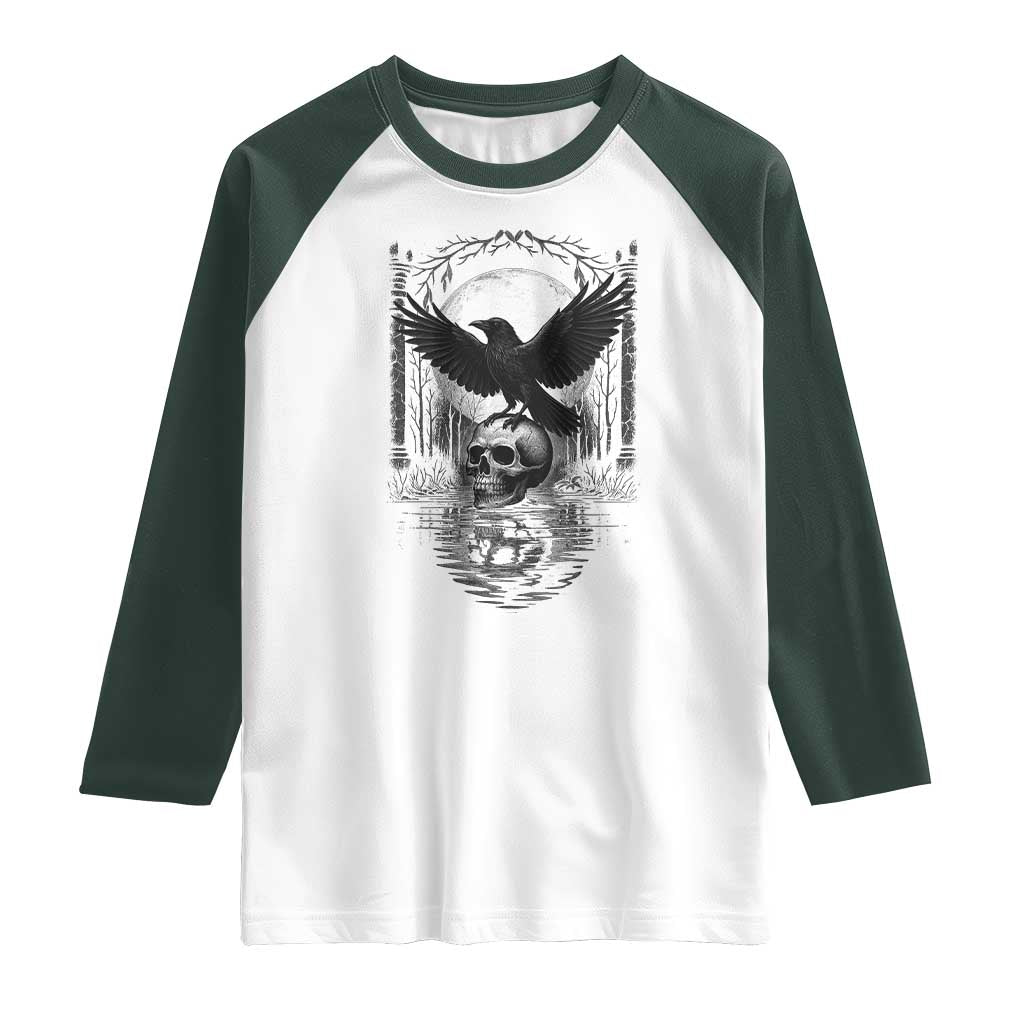 Gothic Raven On Skull With Full Moon Raglan Shirt TS12 White Dark Forest Green Print Your Wear