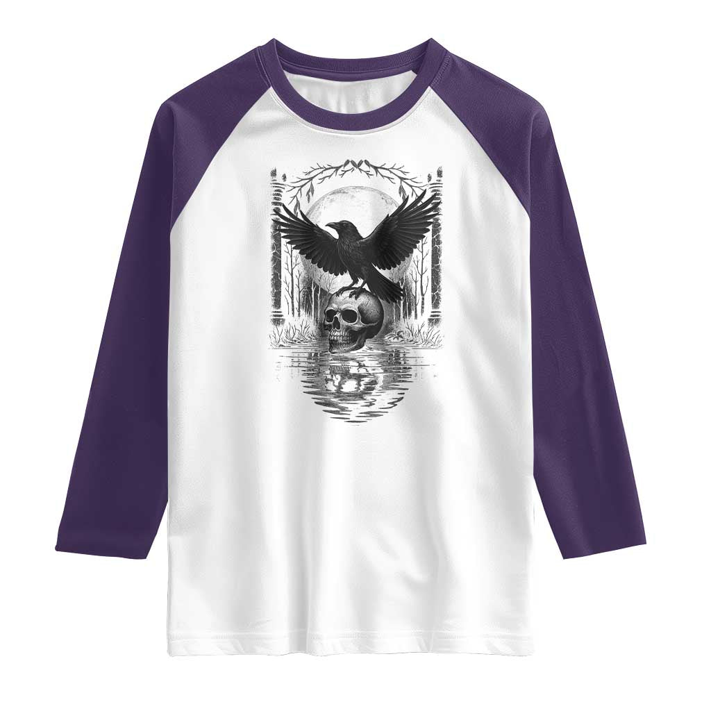 Gothic Raven On Skull With Full Moon Raglan Shirt TS12 White Purple Print Your Wear