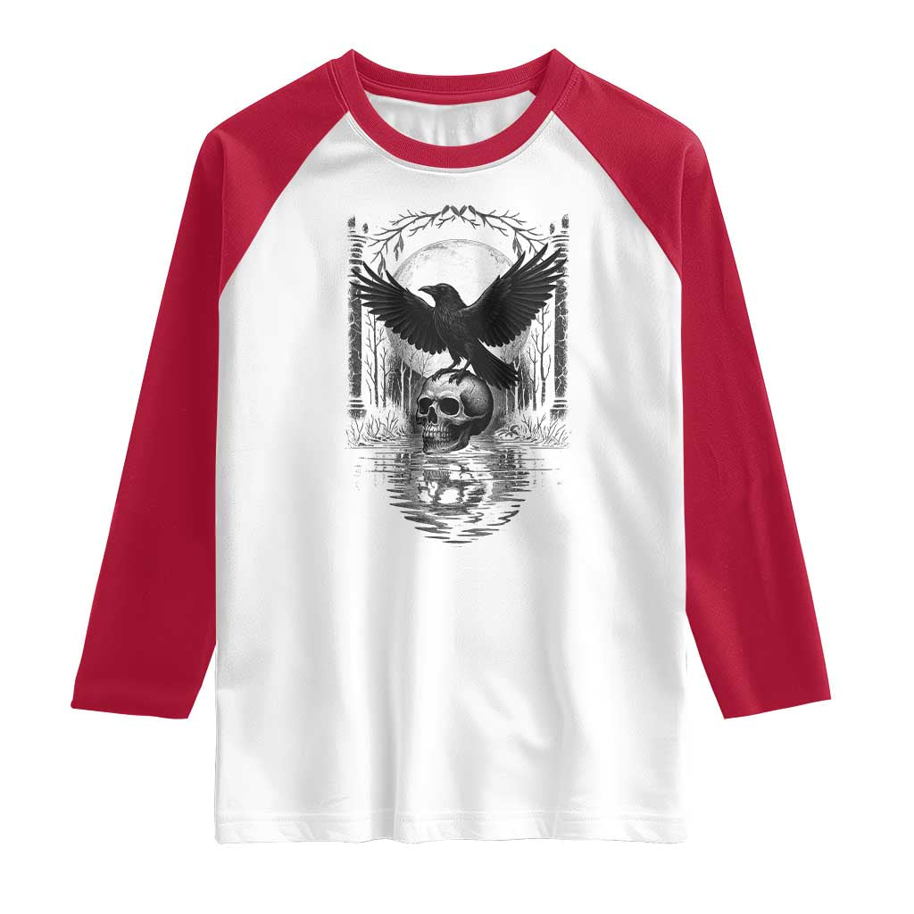 Gothic Raven On Skull With Full Moon Raglan Shirt TS12 White Red Print Your Wear