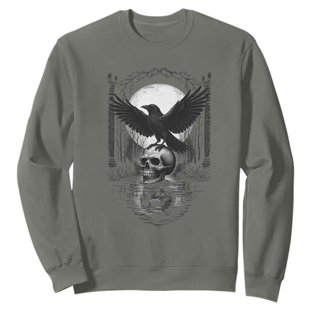 Gothic Raven On Skull With Full Moon Sweatshirt TS12 Military Green Print Your Wear