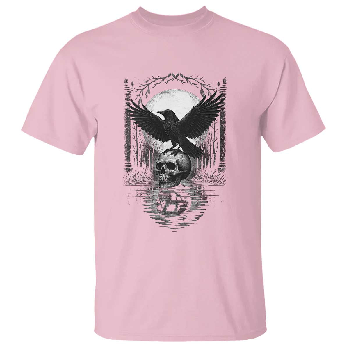 Gothic Raven On Skull With Full Moon T Shirt TS12 Light Pink Print Your Wear