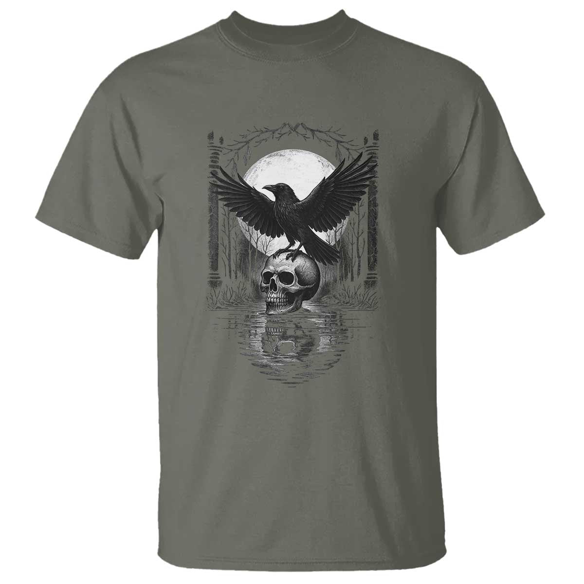 Gothic Raven On Skull With Full Moon T Shirt TS12 Military Green Print Your Wear