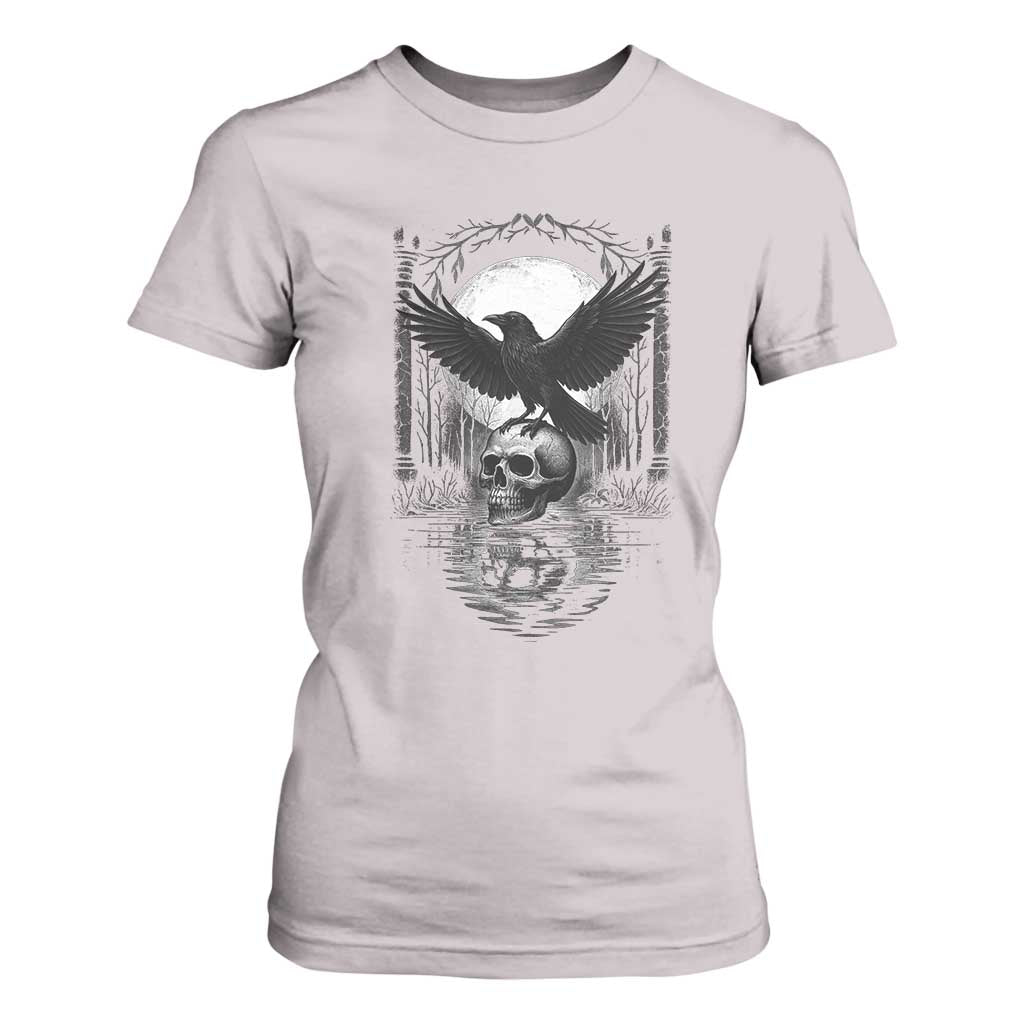 Gothic Raven On Skull With Full Moon T Shirt For Women TS12 Ice Gray Print Your Wear