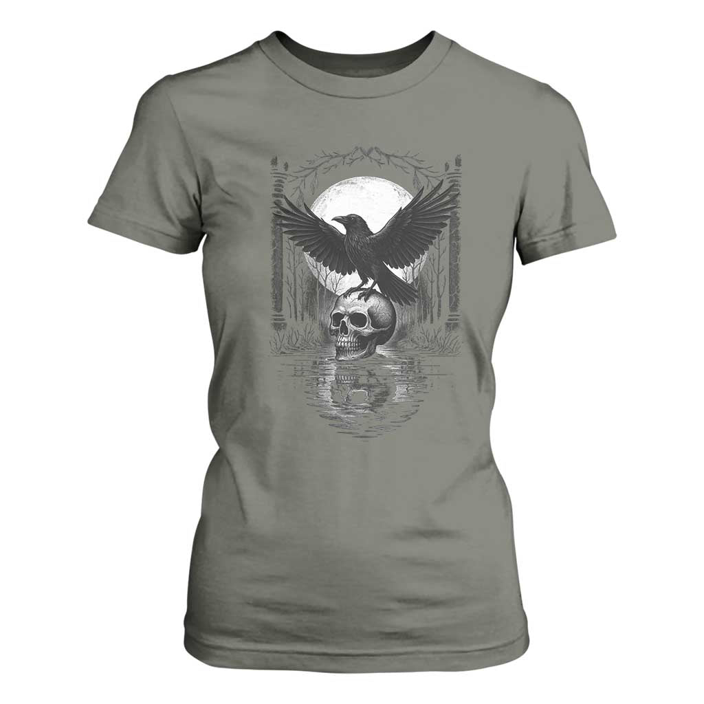 Gothic Raven On Skull With Full Moon T Shirt For Women TS12 Military Green Print Your Wear