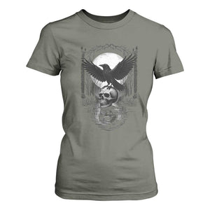Gothic Raven On Skull With Full Moon T Shirt For Women TS12 Military Green Print Your Wear