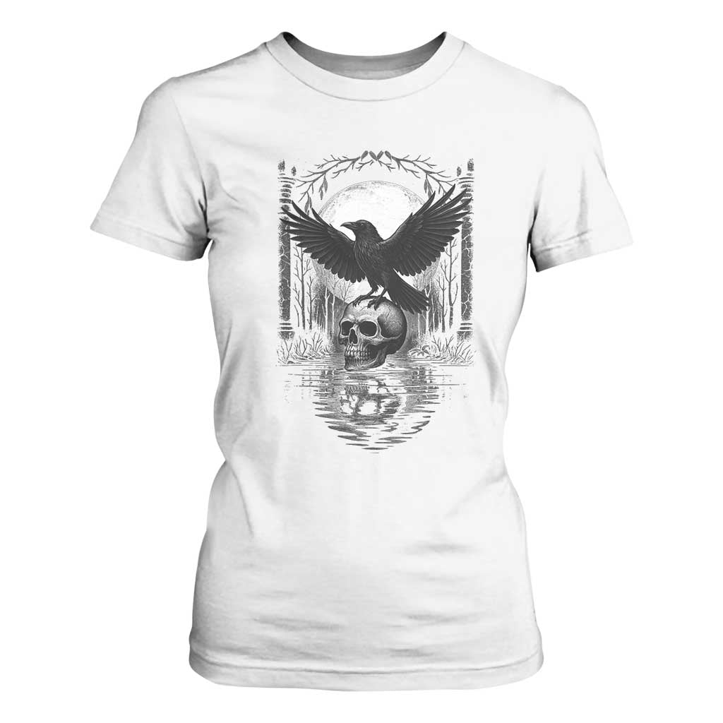 Gothic Raven On Skull With Full Moon T Shirt For Women TS12 White Print Your Wear