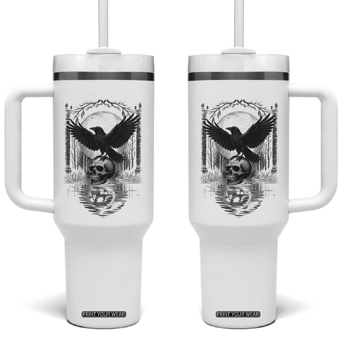 Gothic Raven On Skull With Full Moon Tumbler With Handle TS12 One Size: 40 oz White Print Your Wear