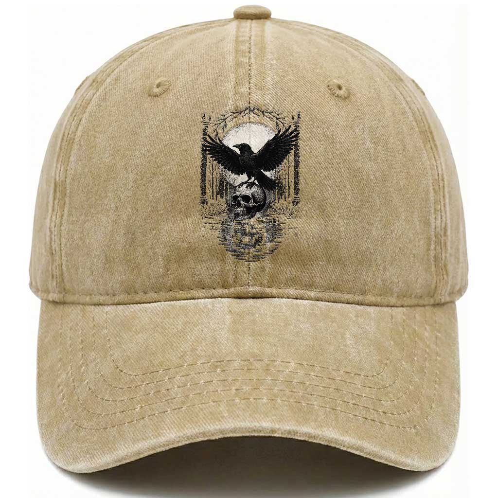 Gothic Raven On Skull With Full Moon Washed Cotton Baseball Cap - Dark Aesthetic TS12 Print Your Wear
