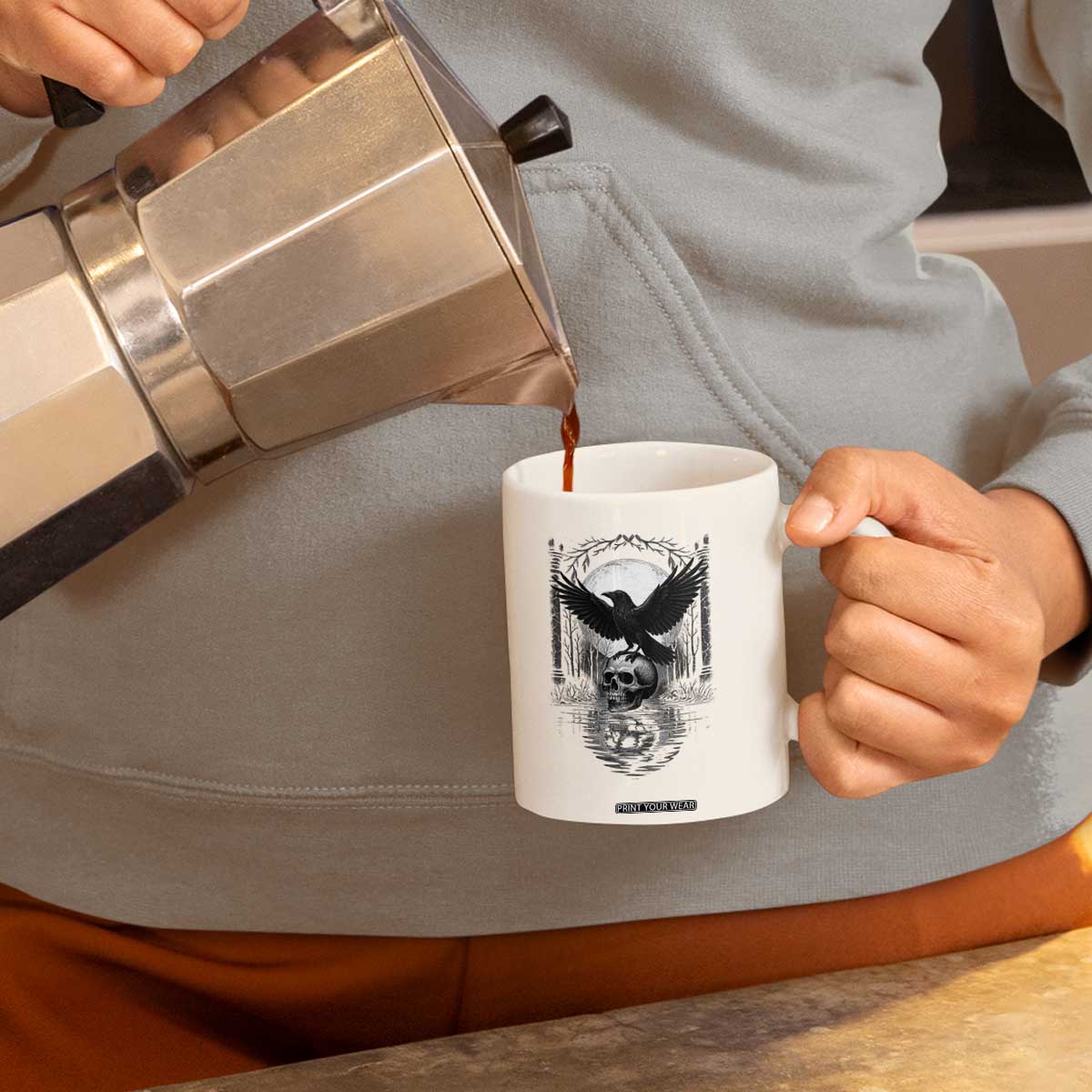 Gothic Raven On Skull With Full Moon Coffee Mug TS12 Print Your Wear