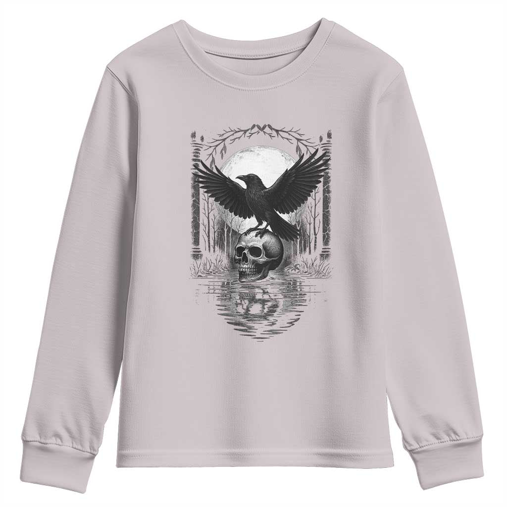 Gothic Raven On Skull With Full Moon Youth Sweatshirt TS12 Ice Gray Print Your Wear