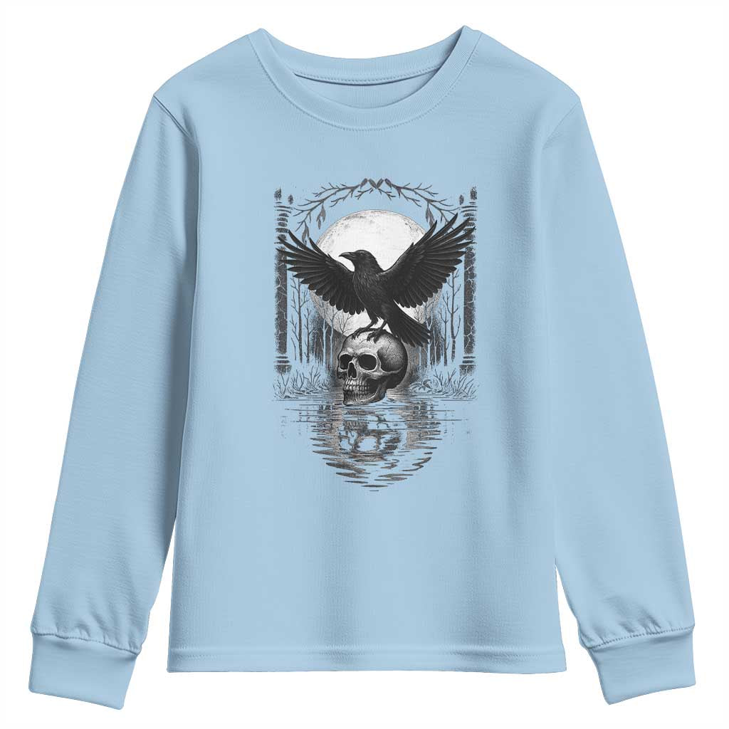 Gothic Raven On Skull With Full Moon Youth Sweatshirt TS12 Light Blue Print Your Wear