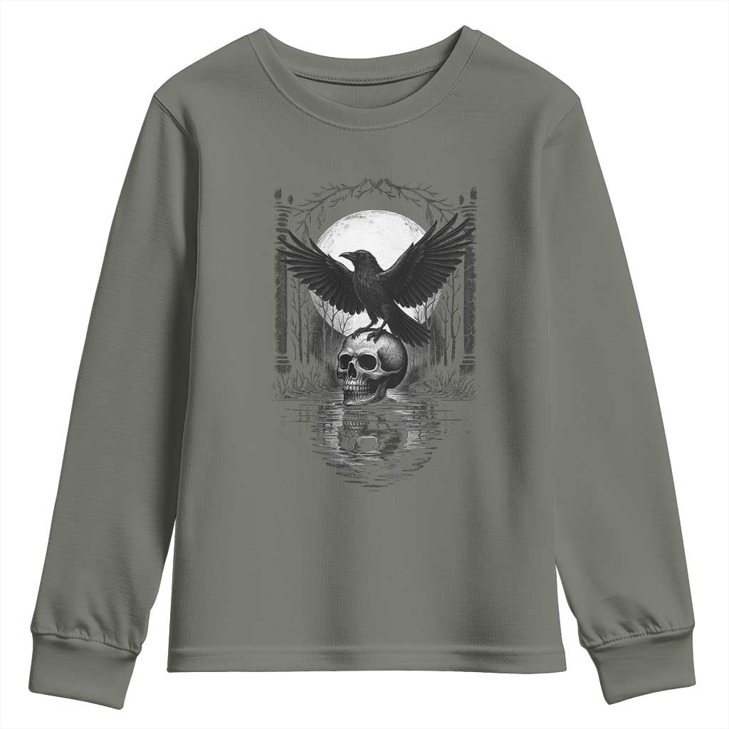 Gothic Raven On Skull With Full Moon Youth Sweatshirt TS12 Military Green Print Your Wear