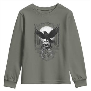 Gothic Raven On Skull With Full Moon Youth Sweatshirt TS12 Military Green Print Your Wear