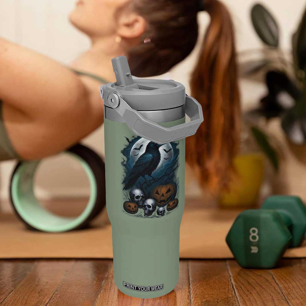 Halloween Gothic Raven Flip Straw Tumbler Full Moon Horror Art TS12 One Size: 30 oz Moss Green Print Your Wear