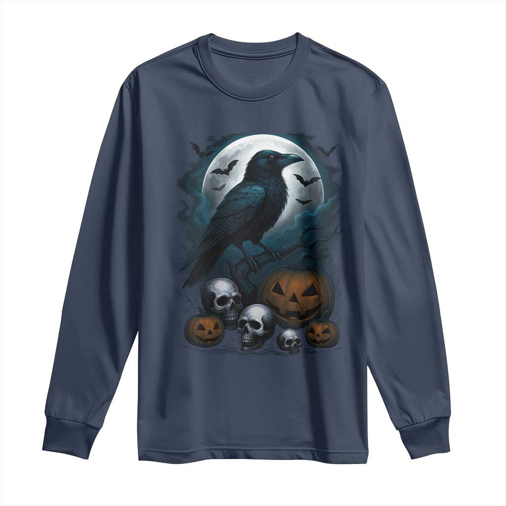 Halloween Gothic Raven Long Sleeve Shirt Full Moon Horror Art TS12 Navy Print Your Wear