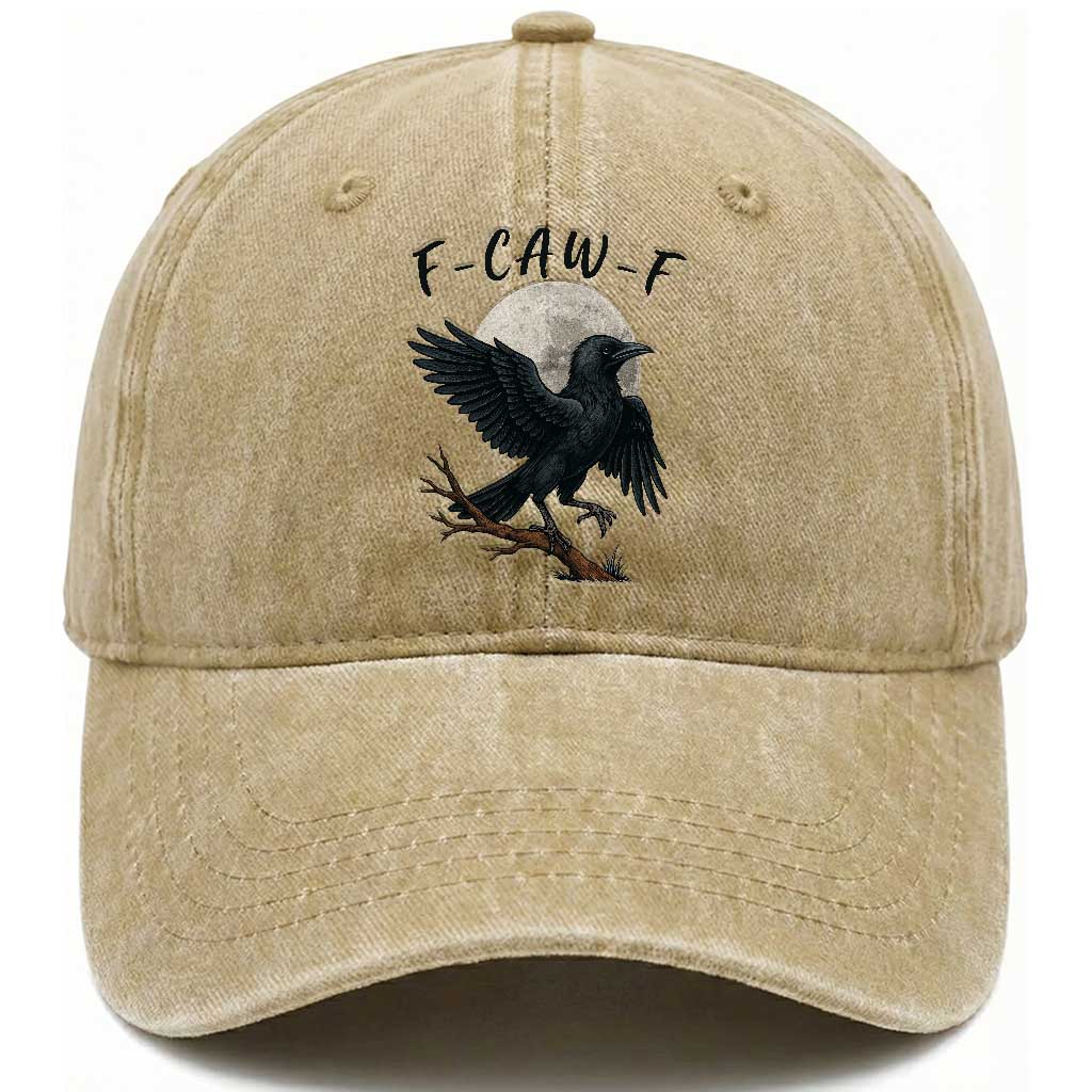 Funny Raven Bird Full Moon Art F Caw F Joke Washed Cotton Baseball Cap TS12 Print Your Wear