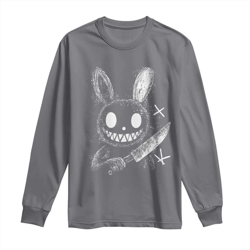 Funny Creepy Bunny With Knife Long Sleeve Shirt Cute Horror Aesthetic TS12 Charcoal Print Your Wear