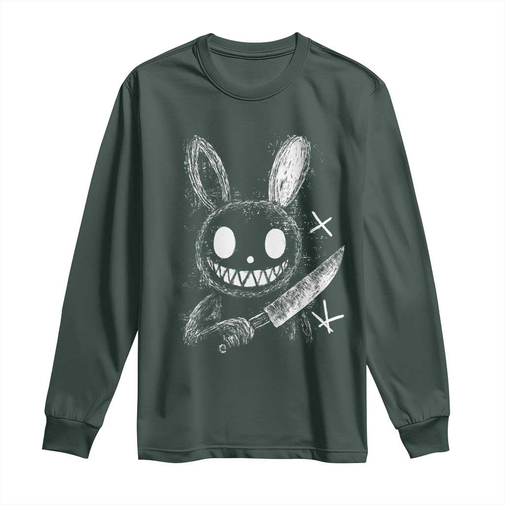 Funny Creepy Bunny With Knife Long Sleeve Shirt Cute Horror Aesthetic TS12 Dark Forest Green Print Your Wear