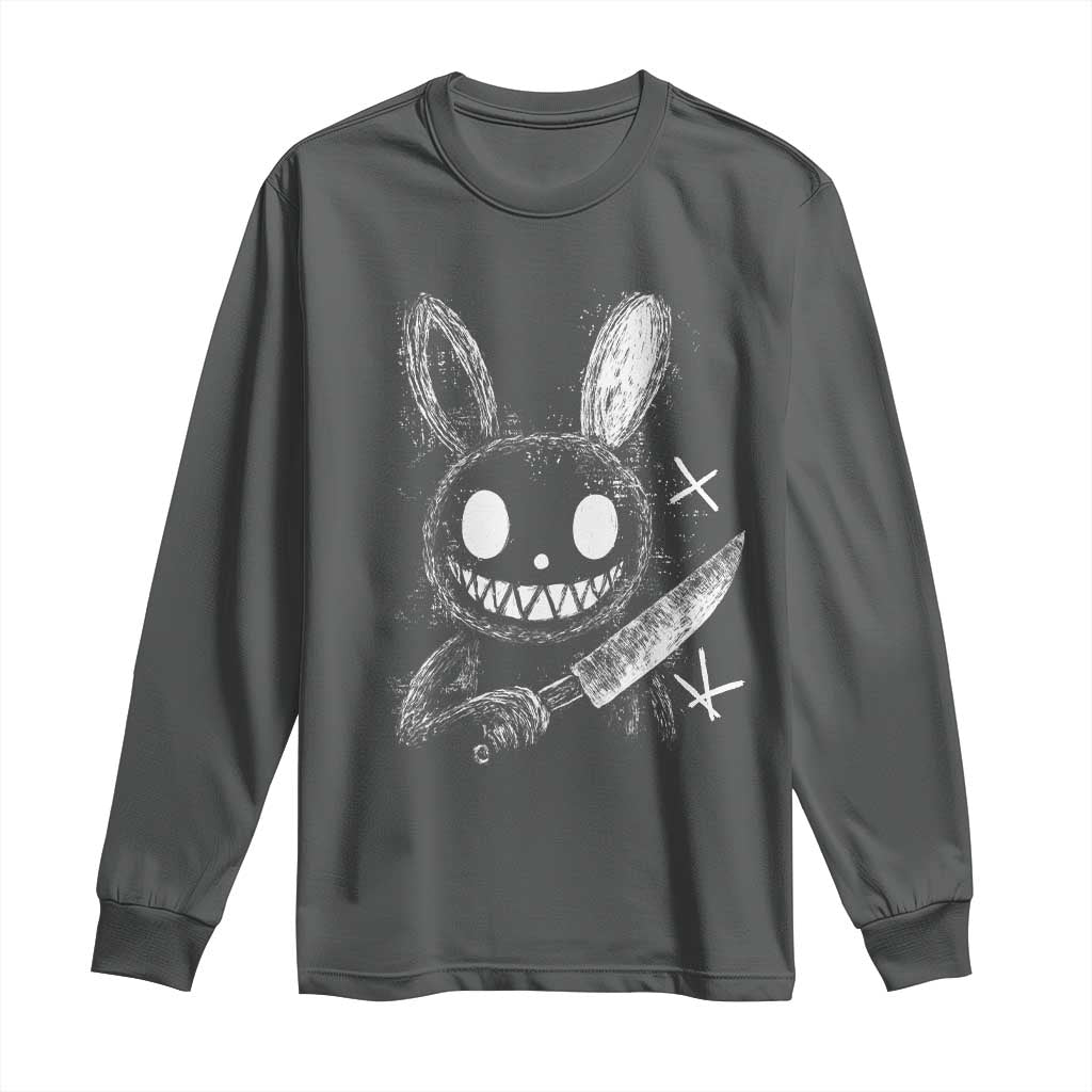 Funny Creepy Bunny With Knife Long Sleeve Shirt Cute Horror Aesthetic TS12 Dark Heather Print Your Wear