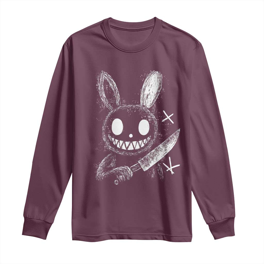 Funny Creepy Bunny With Knife Long Sleeve Shirt Cute Horror Aesthetic TS12 Maroon Print Your Wear