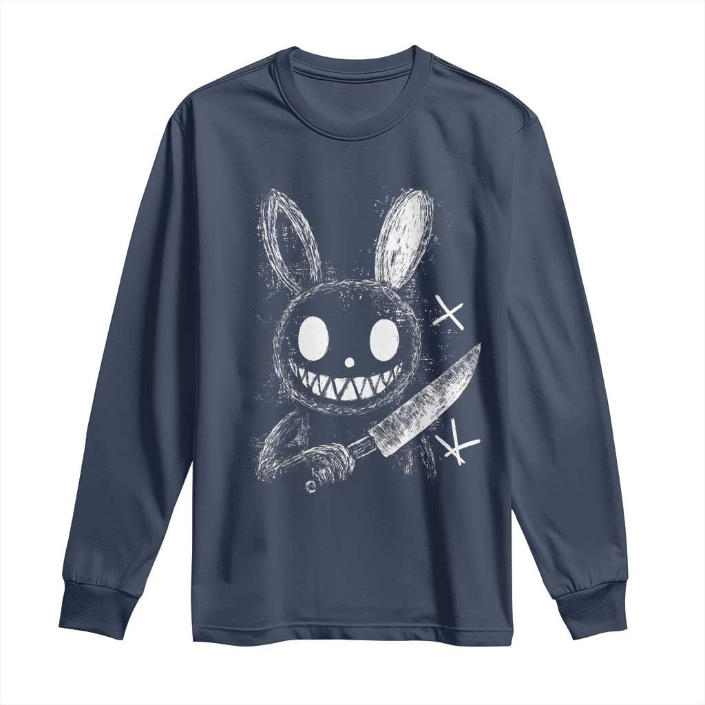 Funny Creepy Bunny With Knife Long Sleeve Shirt Cute Horror Aesthetic TS12 Navy Print Your Wear