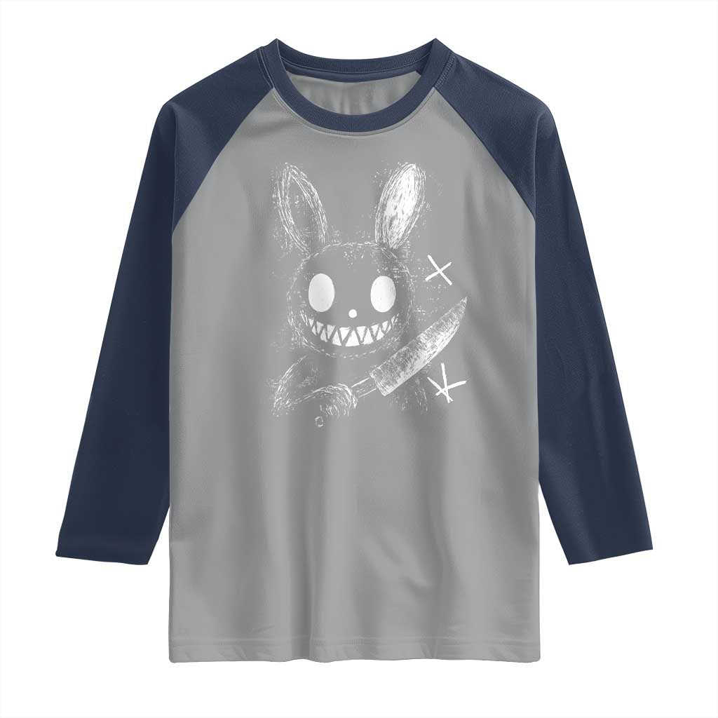 Funny Creepy Bunny With Knife Raglan Shirt Cute Horror Aesthetic TS12 Sport Gray Navy Print Your Wear