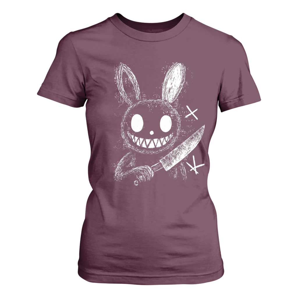 Funny Creepy Bunny With Knife T Shirt For Women Cute Horror Aesthetic TS12 Maroon Print Your Wear