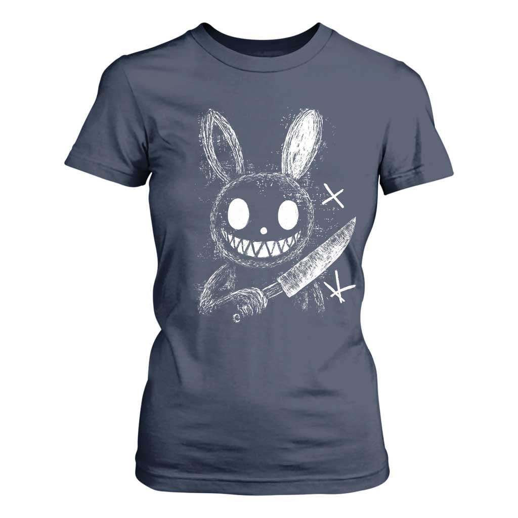 Funny Creepy Bunny With Knife T Shirt For Women Cute Horror Aesthetic TS12 Navy Print Your Wear