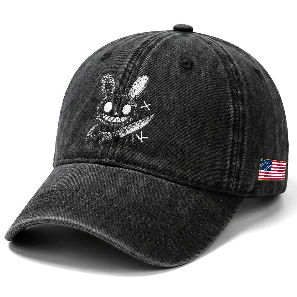 Funny Creepy Bunny With Knife Washed Cotton Baseball Cap Cute Horror Aesthetic TS12 Print Your Wear