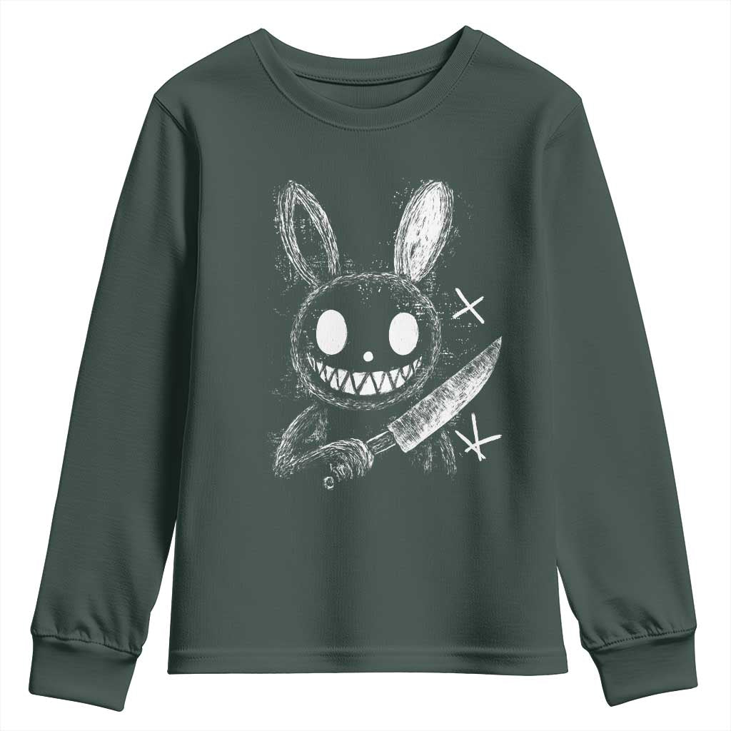 Funny Creepy Bunny With Knife Youth Sweatshirt Cute Horror Aesthetic TS12 Dark Forest Green Print Your Wear