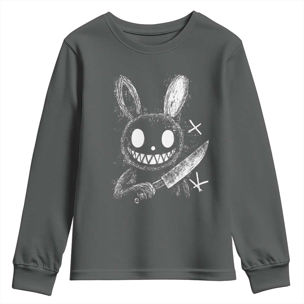 Funny Creepy Bunny With Knife Youth Sweatshirt Cute Horror Aesthetic TS12 Dark Heather Print Your Wear