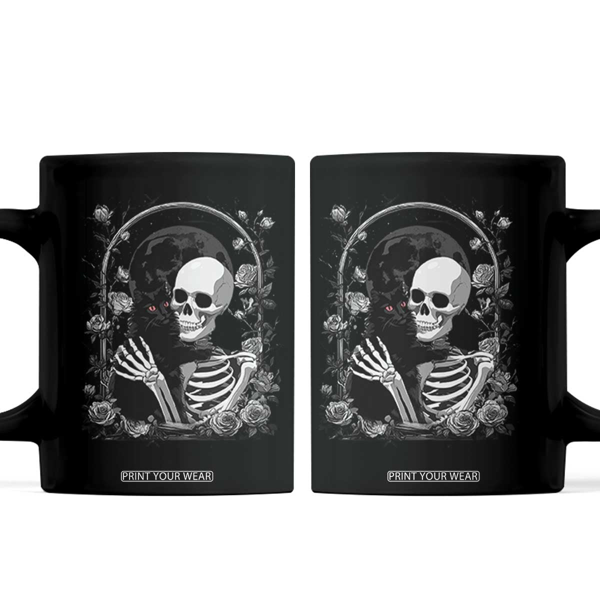 Funny Full Moon Horror Art Coffee Mug Skeleton Hug Maine Coon Cat TS12 Black Print Your Wear