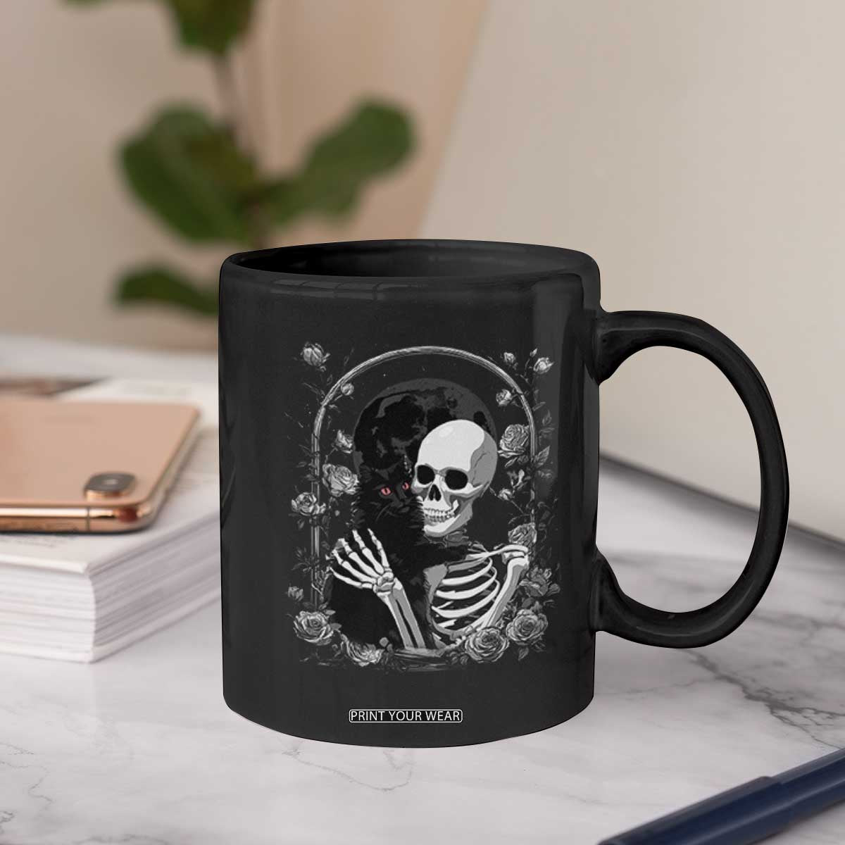 Funny Full Moon Horror Art Coffee Mug Skeleton Hug Maine Coon Cat TS12 Print Your Wear