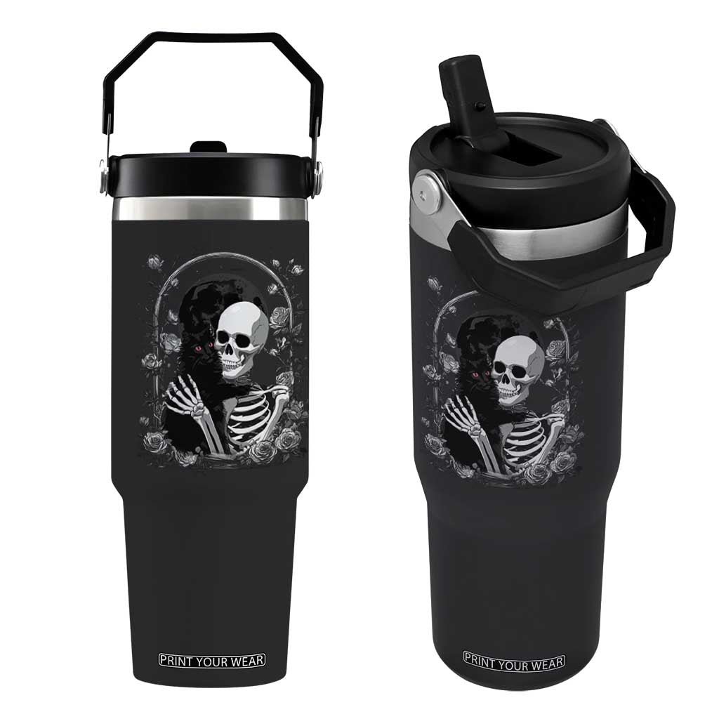 Funny Full Moon Horror Art Flip Straw Tumbler Skeleton Hug Maine Coon Cat TS12 One Size: 30 oz Black Print Your Wear