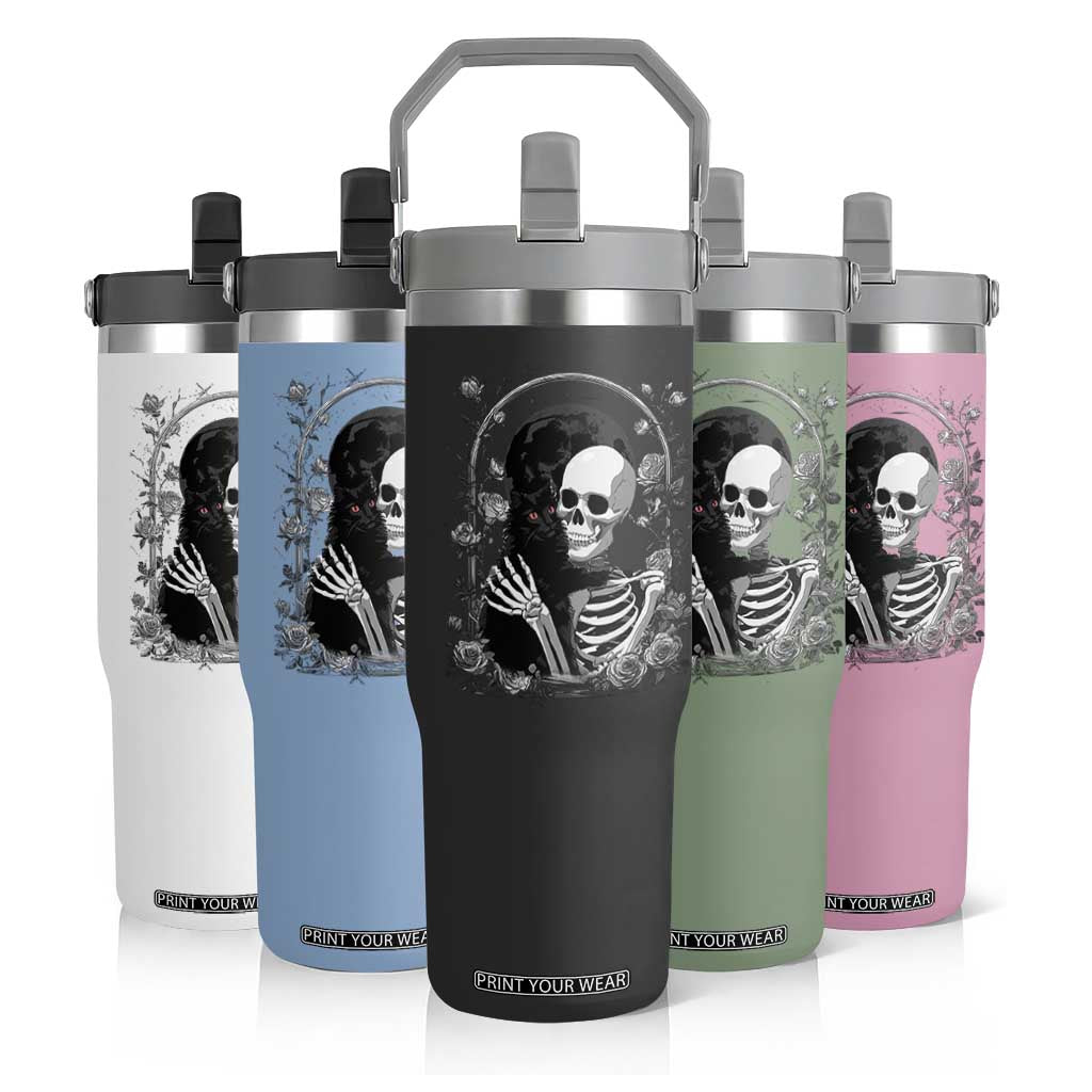 Funny Full Moon Horror Art Flip Straw Tumbler Skeleton Hug Maine Coon Cat TS12 Print Your Wear