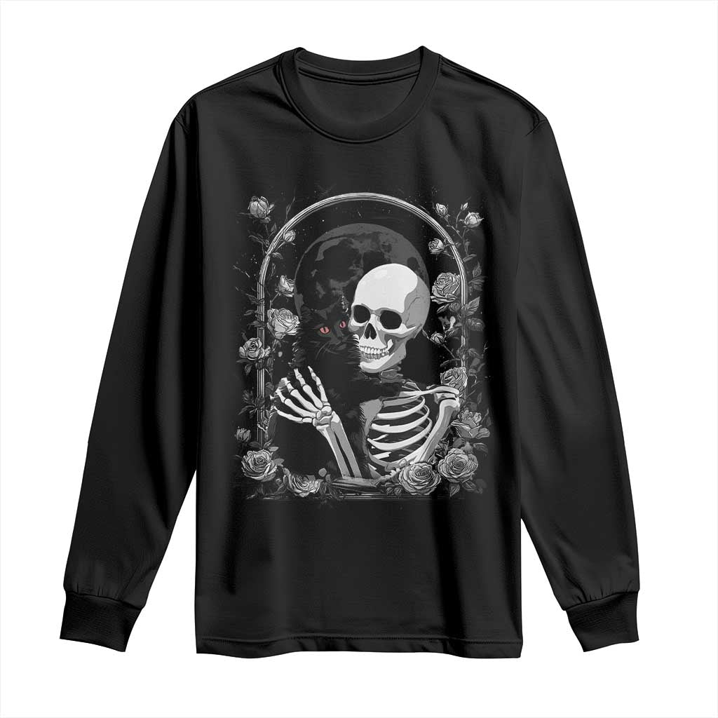 Funny Full Moon Horror Art Long Sleeve Shirt Skeleton Hug Maine Coon Cat TS12 Black Print Your Wear