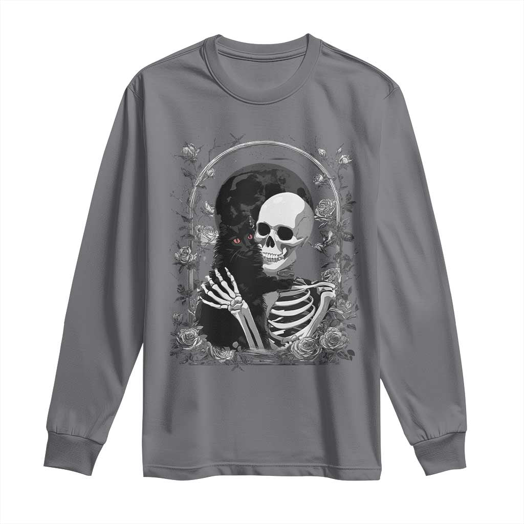 Funny Full Moon Horror Art Long Sleeve Shirt Skeleton Hug Maine Coon Cat TS12 Charcoal Print Your Wear
