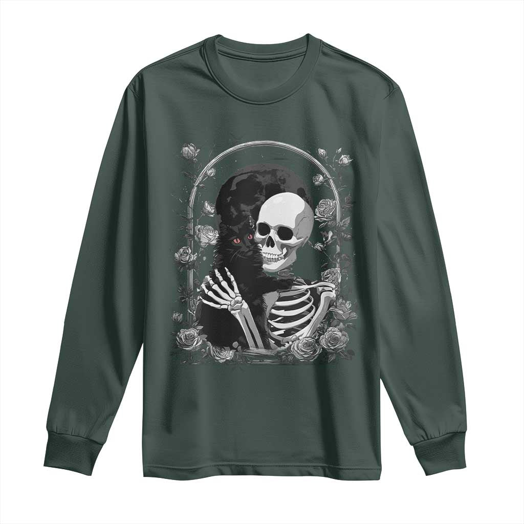 Funny Full Moon Horror Art Long Sleeve Shirt Skeleton Hug Maine Coon Cat TS12 Dark Forest Green Print Your Wear