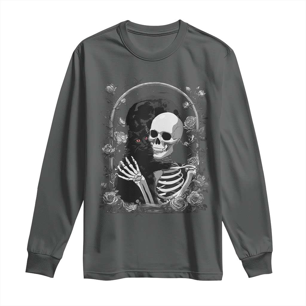 Funny Full Moon Horror Art Long Sleeve Shirt Skeleton Hug Maine Coon Cat TS12 Dark Heather Print Your Wear