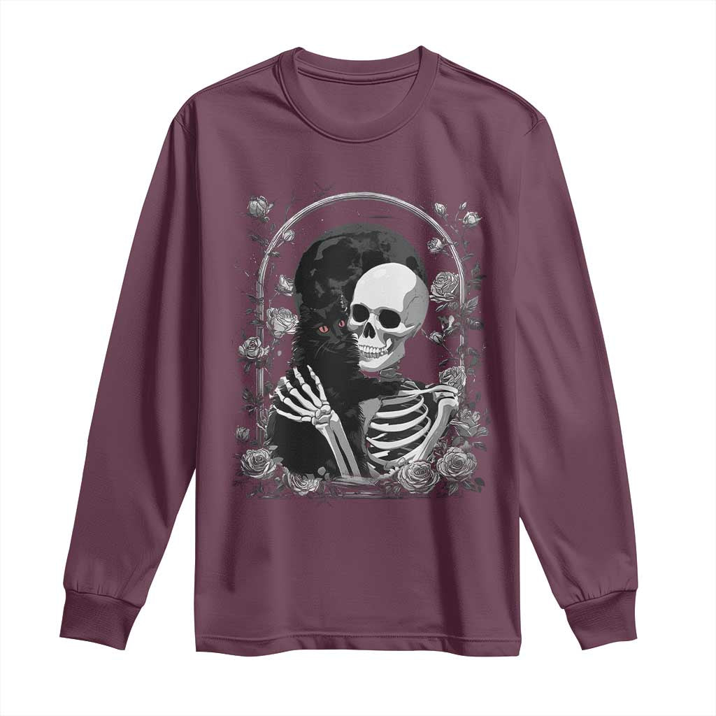 Funny Full Moon Horror Art Long Sleeve Shirt Skeleton Hug Maine Coon Cat TS12 Maroon Print Your Wear