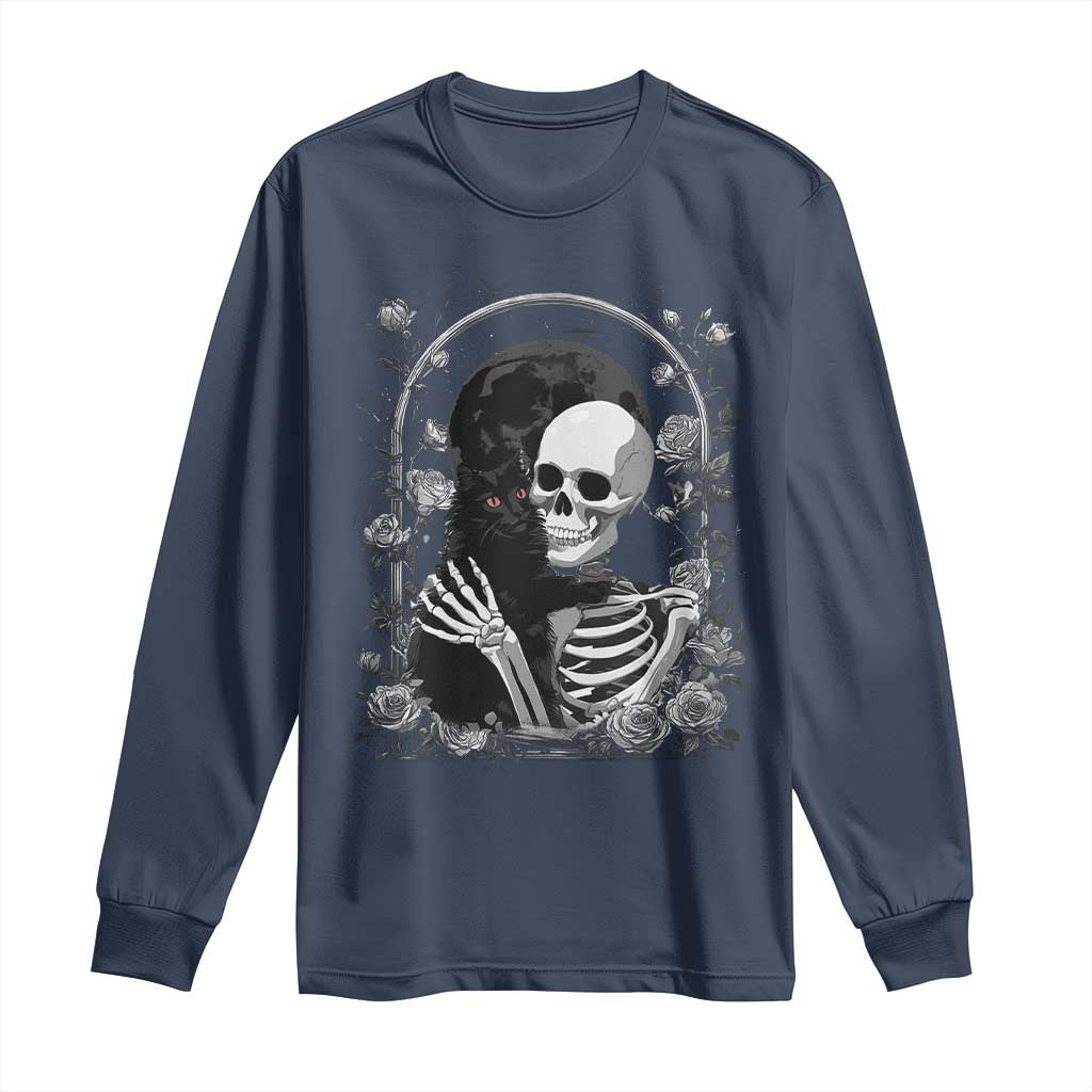 Funny Full Moon Horror Art Long Sleeve Shirt Skeleton Hug Maine Coon Cat TS12 Navy Print Your Wear