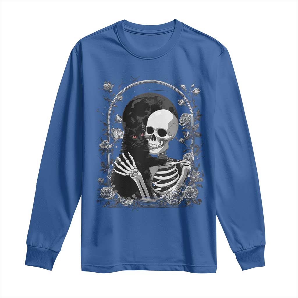 Funny Full Moon Horror Art Long Sleeve Shirt Skeleton Hug Maine Coon Cat TS12 Royal Blue Print Your Wear