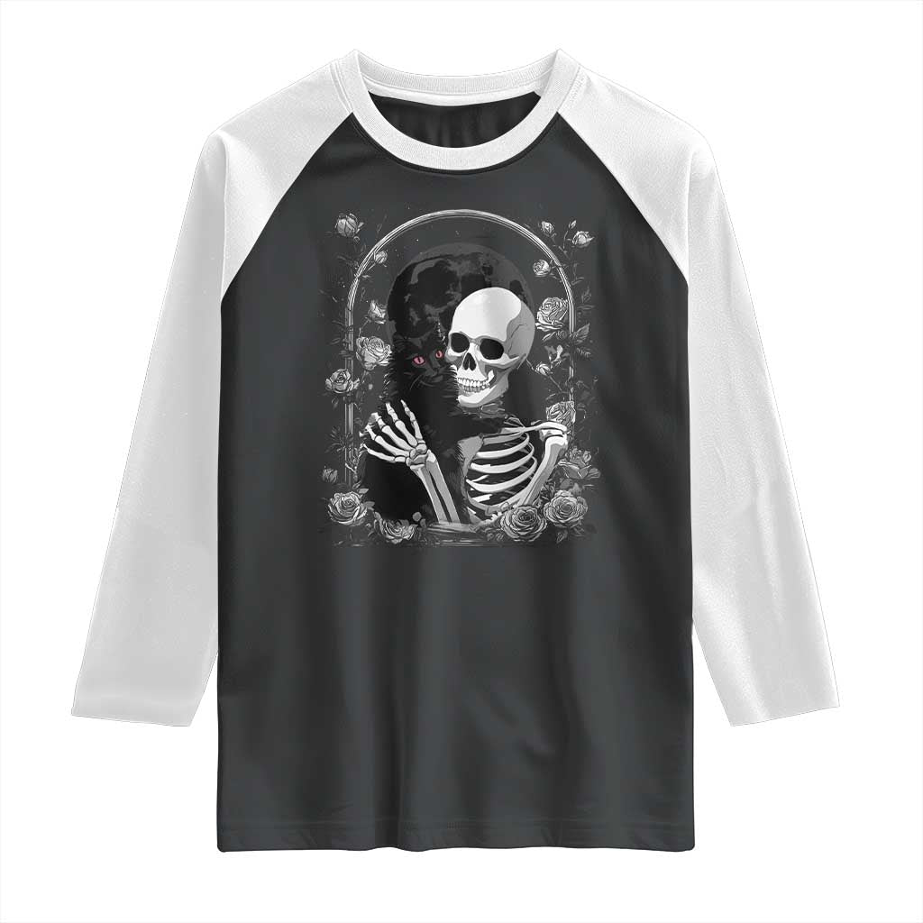 Funny Full Moon Horror Art Raglan Shirt Skeleton Hug Maine Coon Cat TS12 Black White Print Your Wear