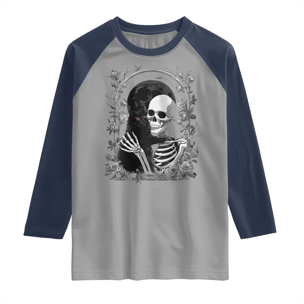 Funny Full Moon Horror Art Raglan Shirt Skeleton Hug Maine Coon Cat TS12 Sport Gray Navy Print Your Wear