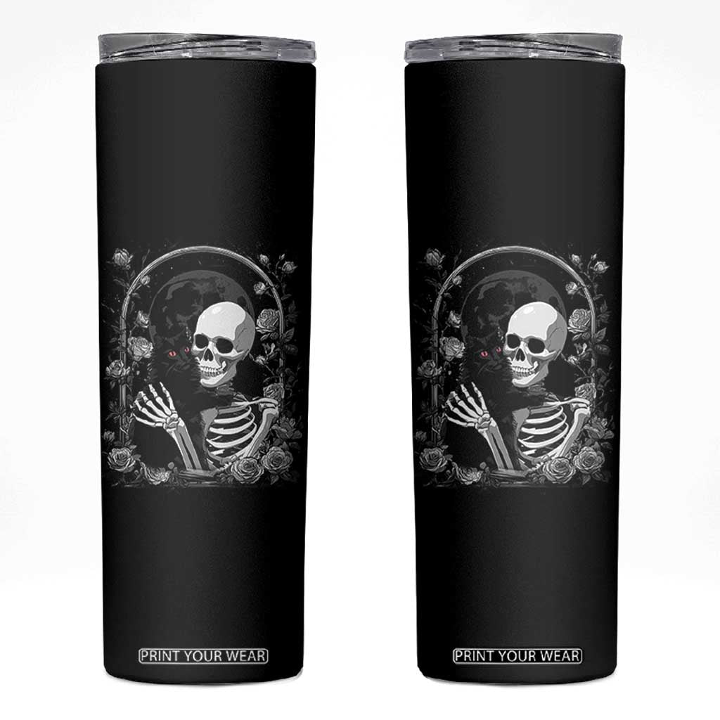 Funny Full Moon Horror Art Skinny Tumbler Skeleton Hug Maine Coon Cat TS12 Black Print Your Wear