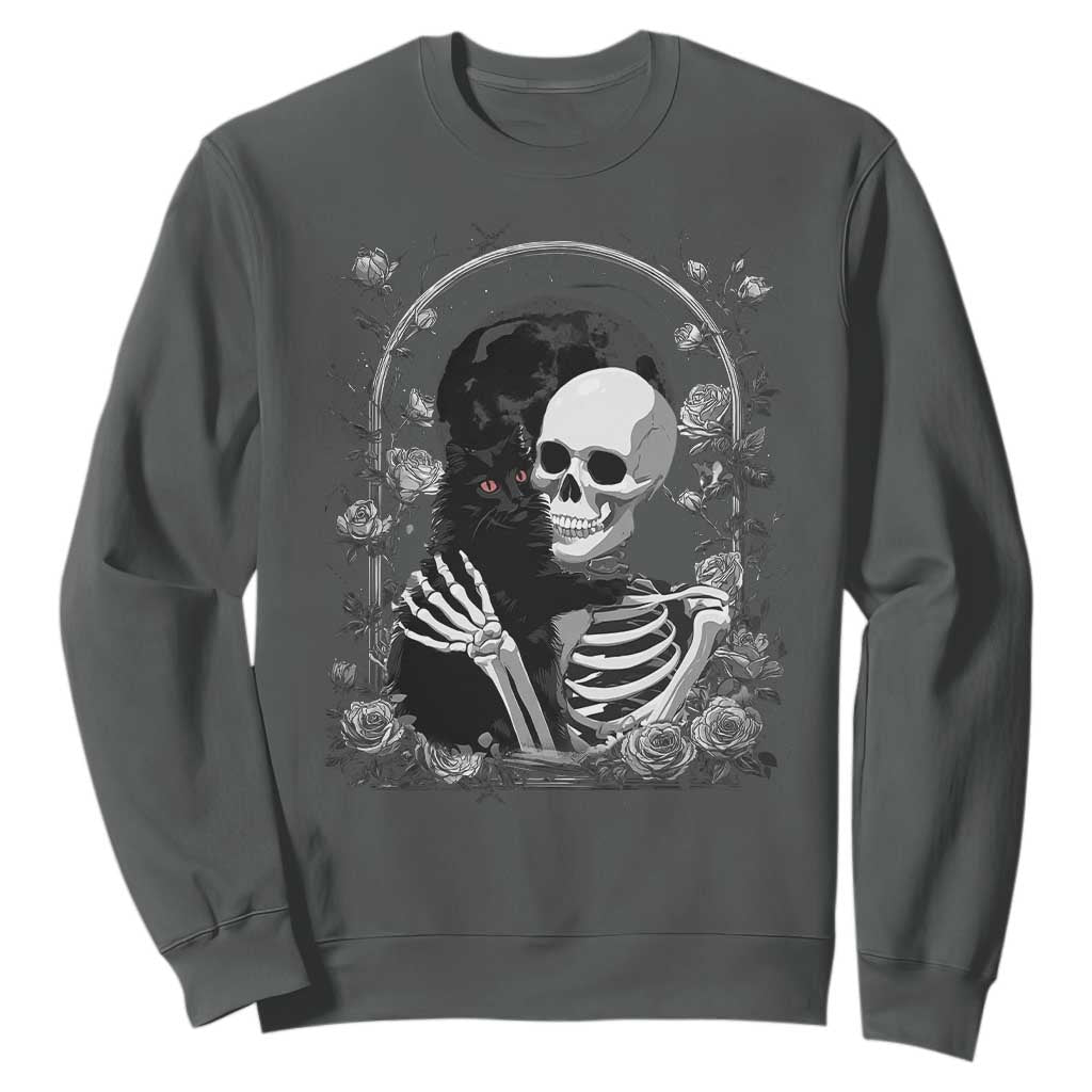 Funny Full Moon Horror Art Sweatshirt Skeleton Hug Maine Coon Cat TS12 Dark Heather Print Your Wear